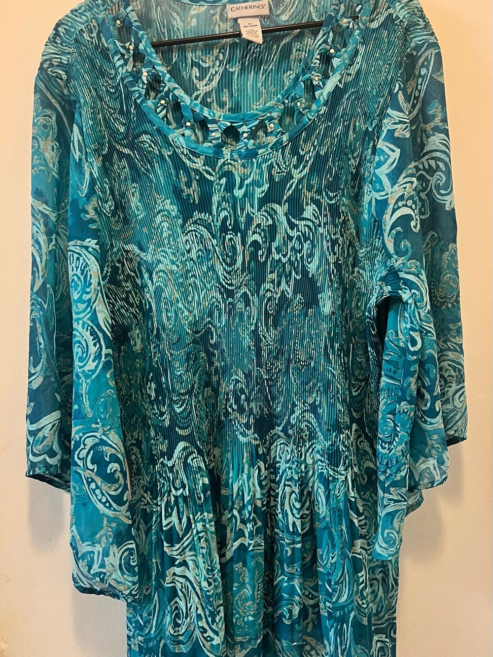 Catherines Turquoise Printed Pleated Blouse with Embellished Neckline